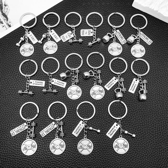 Eight Antique Silver Fitness Equipment Metal Keychain Designs