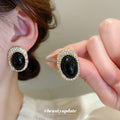 Black Oval Crystal Halo Stud Earrings for Women Fashion Jewelry view 1