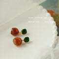 Gold Tone Dark Green Square Amber Irregular Drop Stud Earrings view 6