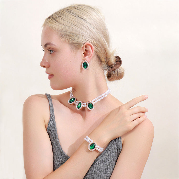 Four Color Pearl Look Oval Necklace Bracelet Earring Jewelry Sets