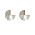 White Pearlescent Disc Stud Earrings With Gold Tone Square Cutout view 5