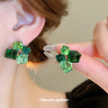 Green Square Crystal Cluster Stud Earrings With Decorative Details view 1