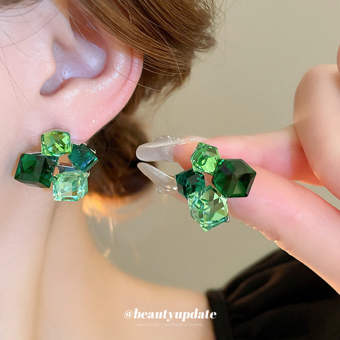 Green Square Crystal Cluster Stud Earrings With Decorative Details