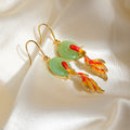 Gold Tone Koi Fish Green Disc Long Dangle Hook Earrings view 4