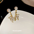 Gold Tone Pearl and Iridescent Flower Drop Earrings view 4