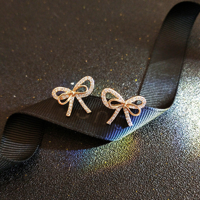 Rose Gold Tone Crystal Bow Stud Earrings Polished Jewelry Accessory
