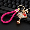 Jeweled Lucky Cat Bell Keychains with Braided Loops and Tassels view 1