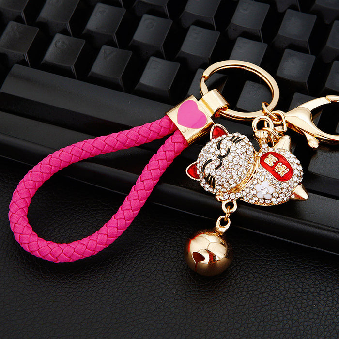 Jeweled Lucky Cat Bell Keychains with Braided Loops and Tassels