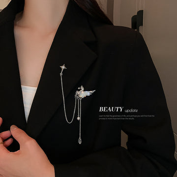 Silver Tone Pegasus And Four Point Star Chain Tassel Brooch