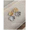 Two Tone Gold Silver Ribbed Shell Drop Stud Earrings view 4