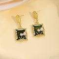 Green Framed Floral Garden Rectangle Dangle Stud Earrings view 3
