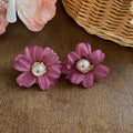 Fabric Daisy and Pearl Stud Earrings in Seven Colors view 2