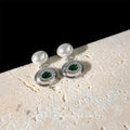 Silver Tone White Pearl Top Green Oval Medallion Drop Earrings view 3