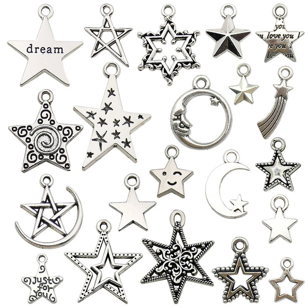 Vintage Zinc Alloy Star Pentagram Shooting Star Moon Hollow Charm Pendant for DIY Jewelry