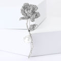 Crystal Rose Stem Brooch Pearl Accent Gold and Silver view 2