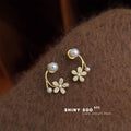 Pearl Stud Gold Flower Curve Drop Earrings With Small Pearl view 4