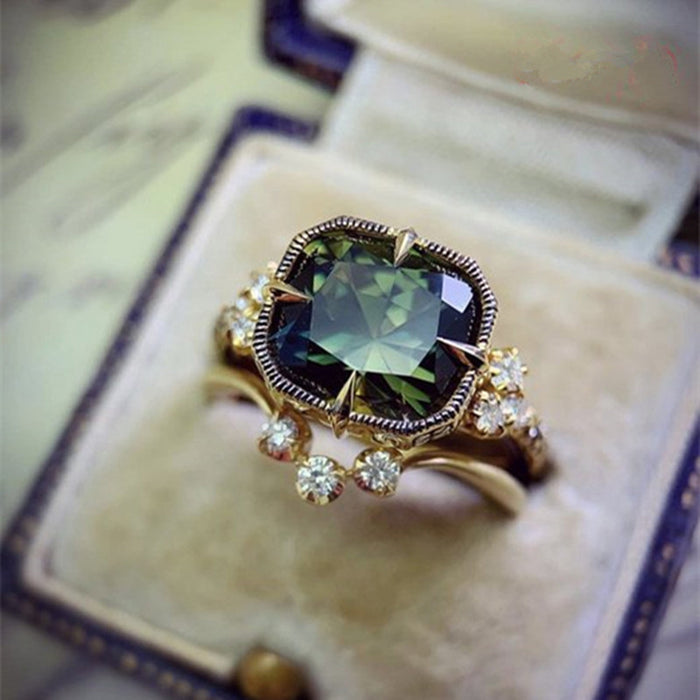Gold Tone Olive Green Cushion Crystal Ring Set Statement Jewelry
