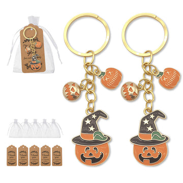 Pumpkin Witch Hat Multi Charm Gold Split Ring Keychain