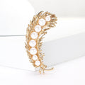 Pearl and Crystal Curved Feather Brooch in Gold Tone view 2