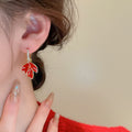 Gold Tone Red Enamel Maple Leaf Drop Huggie Earrings view 3