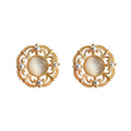 Gold Tone Openwork Floral Frame Cream Round Stone Stud Earrings view 5