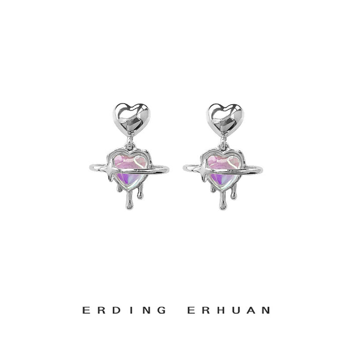 Silver Heart Planet Iridescent Liquid Drip Drop Earrings