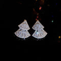 Silver Tone Double Fan Geometric Stud Earrings with Clear Stone Accents view 2