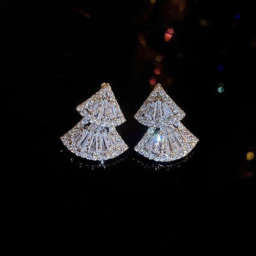 Silver Tone Double Fan Geometric Stud Earrings with Clear Stone Accents shown in styled view