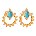 Gold Sunburst Hoop Stud Earrings Oval Turquoise Stone Top view 5