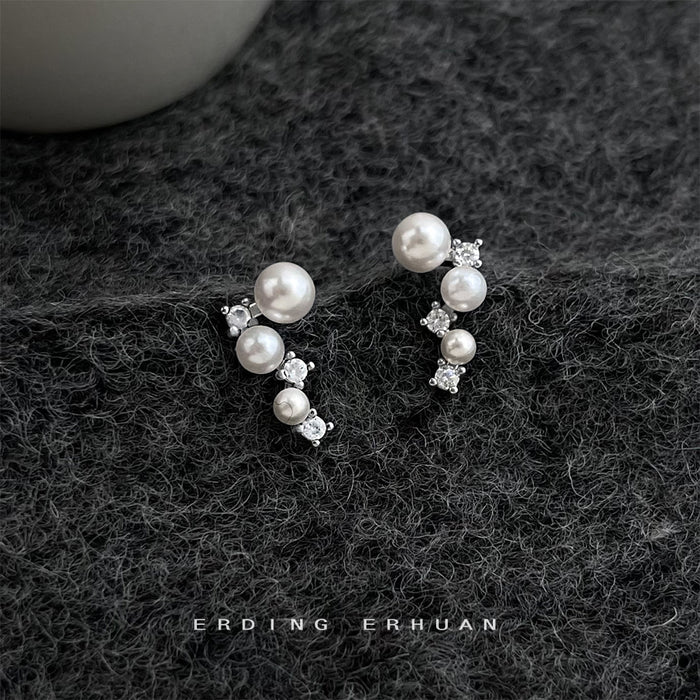 Silver-Tone Graduated Pearl Clear Stone Curved Climber Earrings