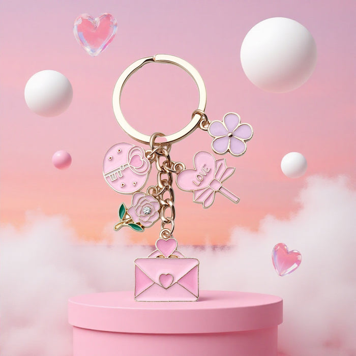 Three Pink Heart Rose Envelope and Candy Keychains