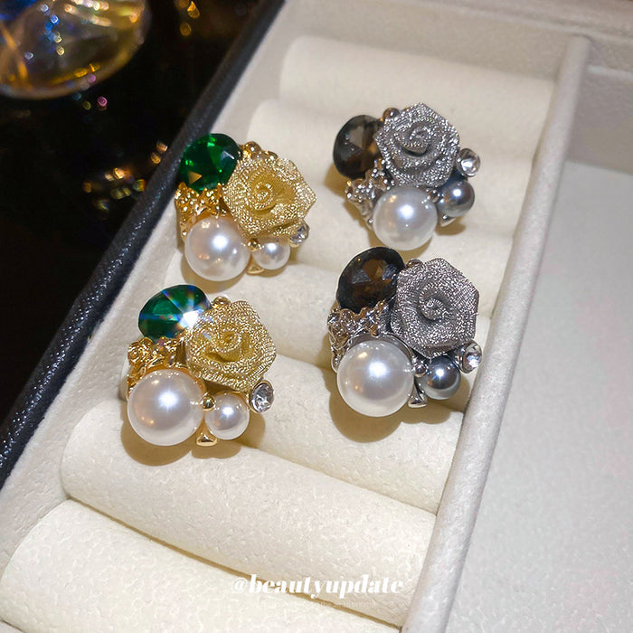 Mixed Metal Floral Stud Earrings With White Pearl Centers