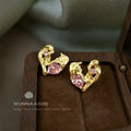 Gold Liquid Heart Openwork Pink Zircon Stud Earrings view 4