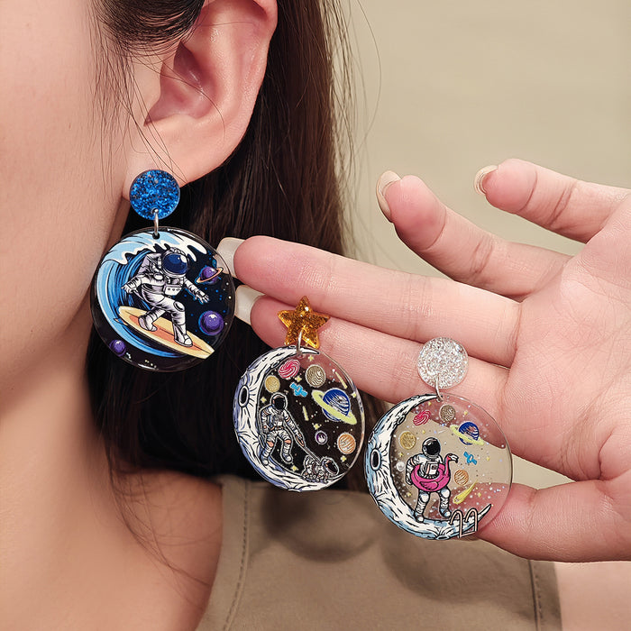 Astronaut Planet Scene Round Statement Stud Earrings