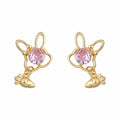 Gold Bunny Pink Crystal Stud Earrings Carrot Charm Drop view 5