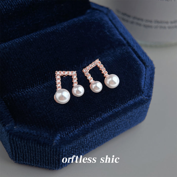 Rose Gold Musical Note Stud Earrings Crystal Pearl