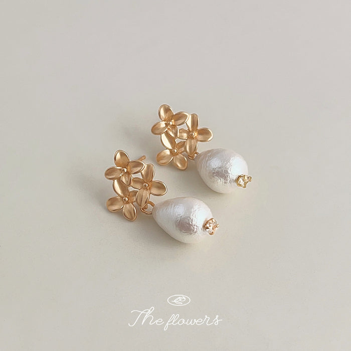 Matte Gold Flower Cluster Pearl Drop Stud Earrings