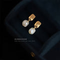 Gold Tone Rectangular Stud And Irregular White Pearl Drop Earrings view 4