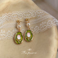 Gold Tone White Pearl Green Oval And Pink Tulip Drop Stud Earrings view 1