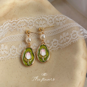 Gold Tone White Pearl Green Oval And Pink Tulip Drop Stud Earrings