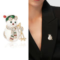 White Enamel Rhinestone Skiing Snowman Brooch Gold Tone Pin view 3