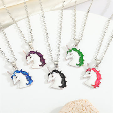 Silver Tone Enamel Unicorn Pendant Necklaces in Three Mane Colors