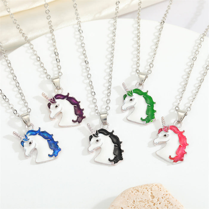 Silver Tone Enamel Unicorn Pendant Necklaces in Three Mane Colors