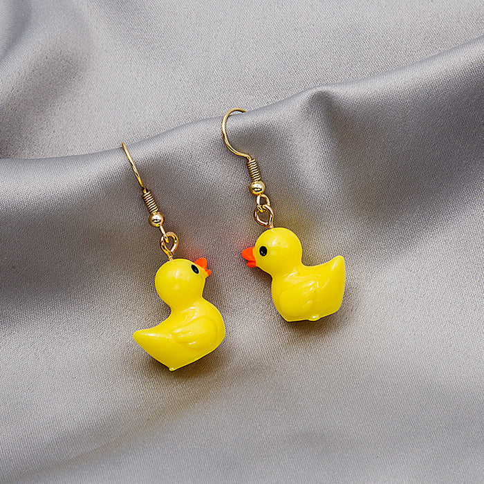 Yellow Cartoon Duck Novelty Long Dangle Hook Earrings