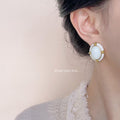 White Enamel Oval Gold Frame Vintage Geometric Stud Earrings view 2