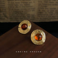 Gold Tone Round Ripple Stud Earrings Amber Center Cabochon Stones view 1