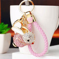 Pearl Accent and Crystal Seated Rabbit Keychains with Braided Loops view 3