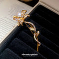 Gold Pearl Flower Stem Rhinestone Brooch Pin Lapel view 4