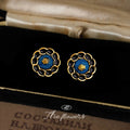 Gold Black Enamel Chain Round Stud Earrings Blue Shell Center view 4
