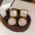 Gold Tone Mother of Pearl Stud Earrings in Round and Square Shapes view 2